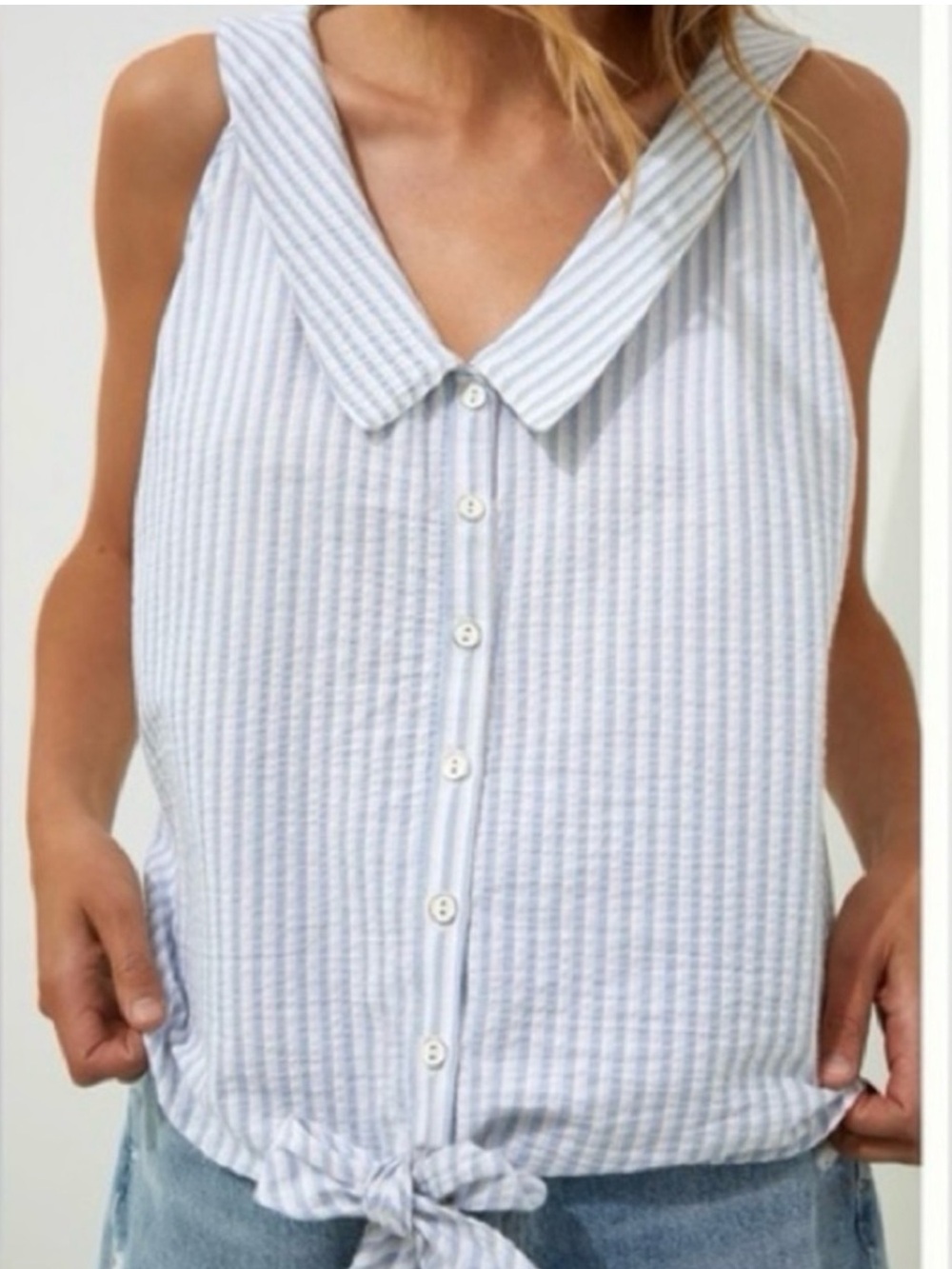 NWT Anthropologie Pilcro Blue Seersucker Tie Front Sleeveless Blouse XL